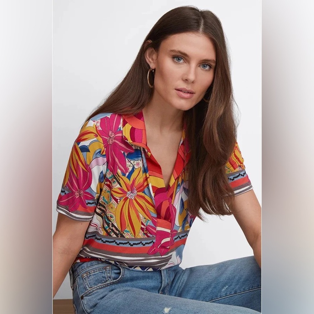 NWT Johnny Was Rachel May Short Sleeve Swing Polo Bright Tropical Floral Pattern